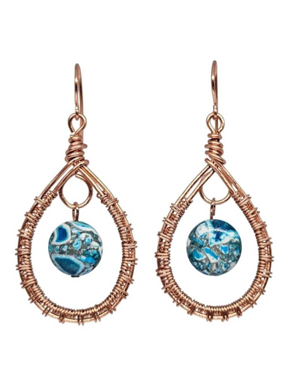 Handmade Turquoise Picasso Coin Beaded Copper Wire Wrap Hoop Dangle Earrings